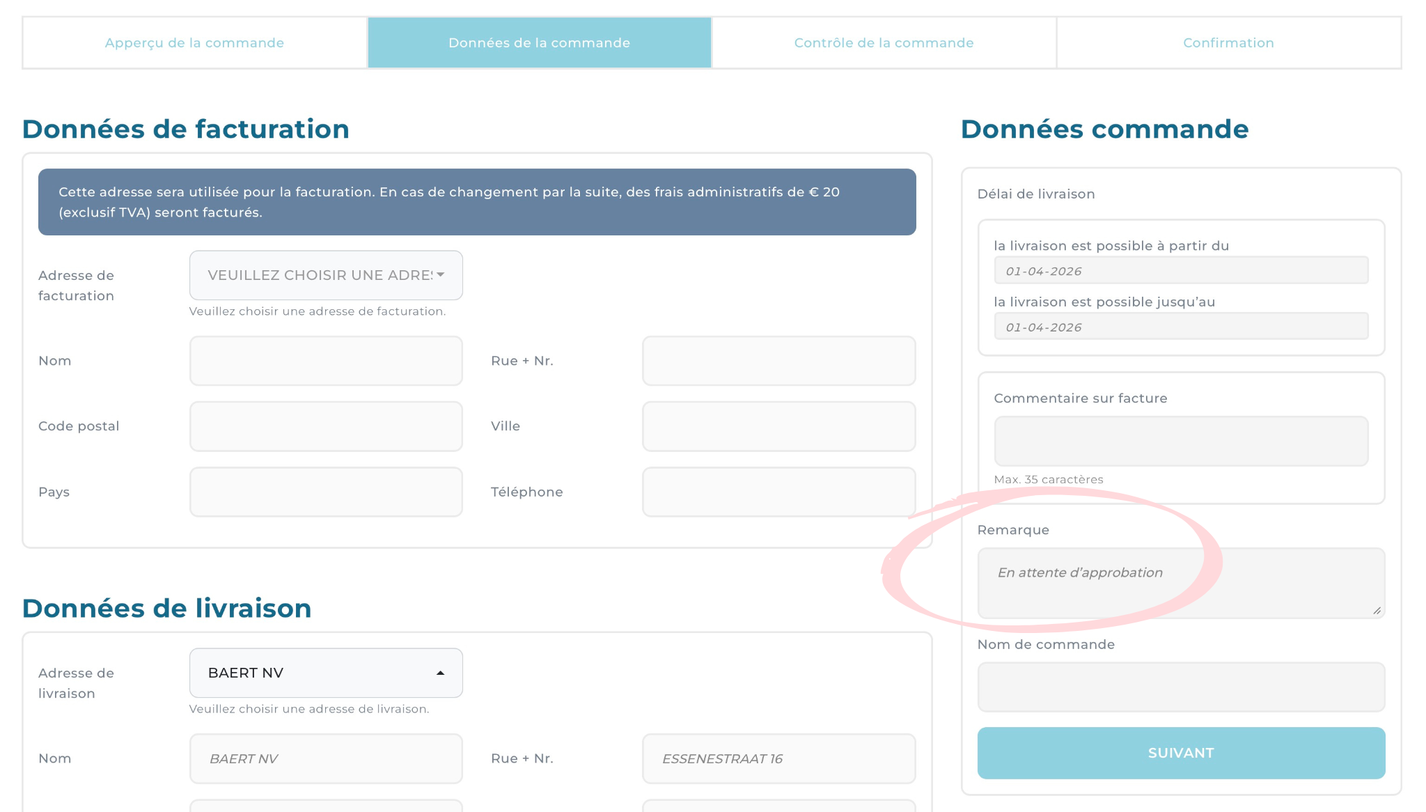 Remarque lors de la commande